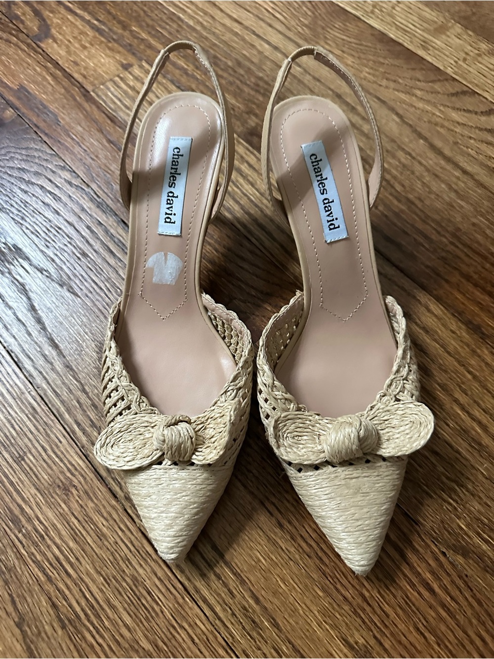 Charles David Natural Beige Woven Pointed Slingback Heels
